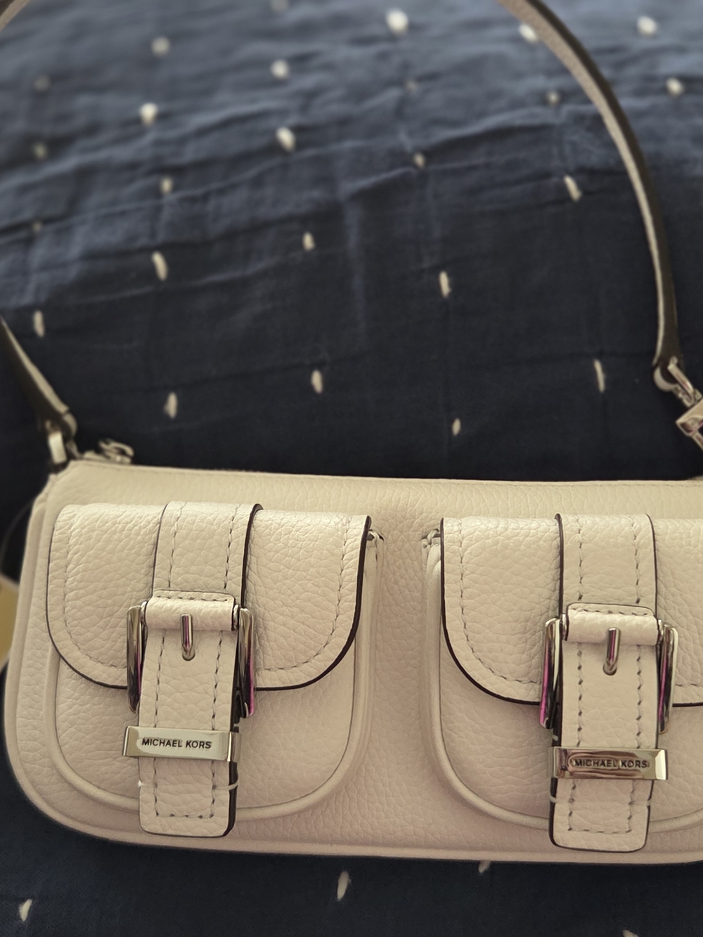 Michael Kors Cream Leather Shoulder Bag with Dual Buckle Pockets